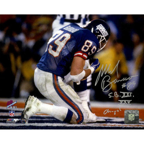 Mark Bavaro Signed Kneeling Horizontal 8x10 Photo w SB XXI XXV Champs Insc