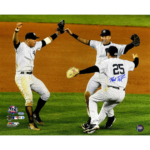 Mark Teixeira Alex Rodriguez Derek Jeter Signed 2009 ALCS Win Celebration Horizontal 16x20 Photo (Signed By Teixeira) (MLB Auth)