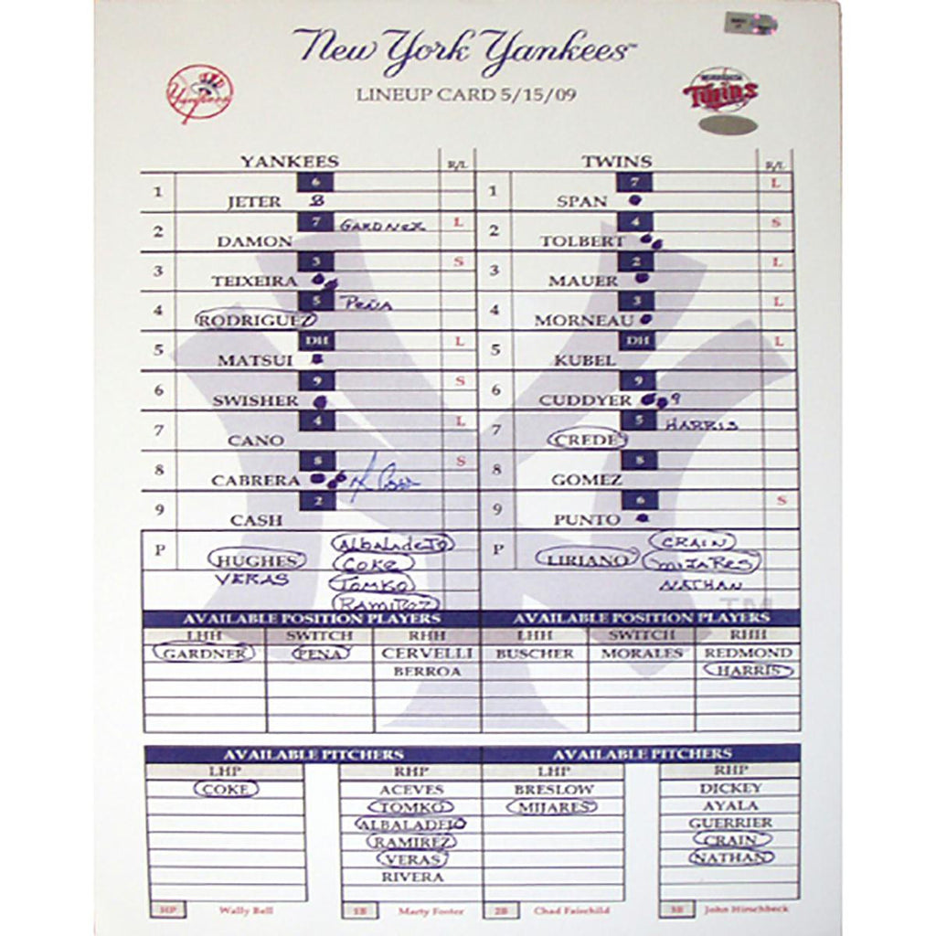 Melky Cabrera Yankees 5-15-2009 Replica Lineup Card