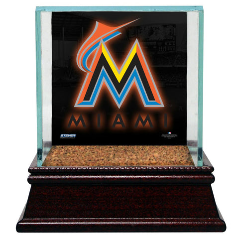 Miami Marlins Glass Single Baseball Case with Team Logo Background and Authentic Field Dirt Base (MLB Auth)