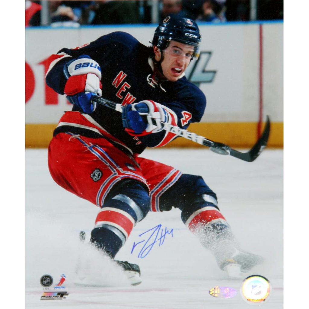 Michael Del Zotto Rangers Slap Shot Vertical Signed 8x10 Photo