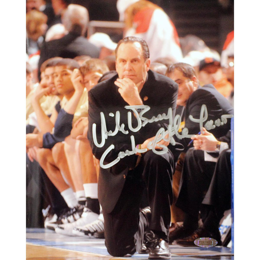 Mike Brey On His Knees On The Sidelines Signed Vertical 8x10 Photo by Photographer Mitchell Layton w Coach of the Year Insc.