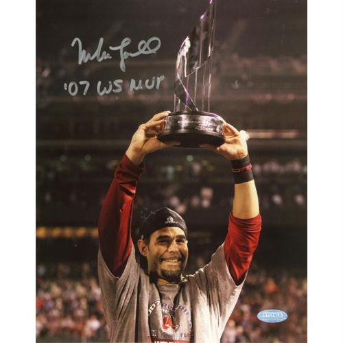 Mike Lowell with 07 WS MVP Trophy 8x10 Photo w 07 WS MVP Insc.