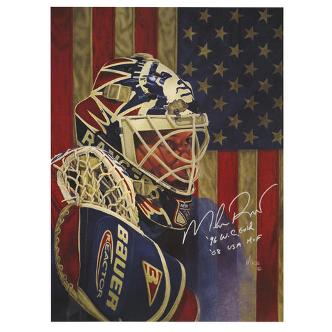 Mike Richter Signed USA 18x24 Litho Poster w 96 W.C Gold Champs USA HOFInsc.