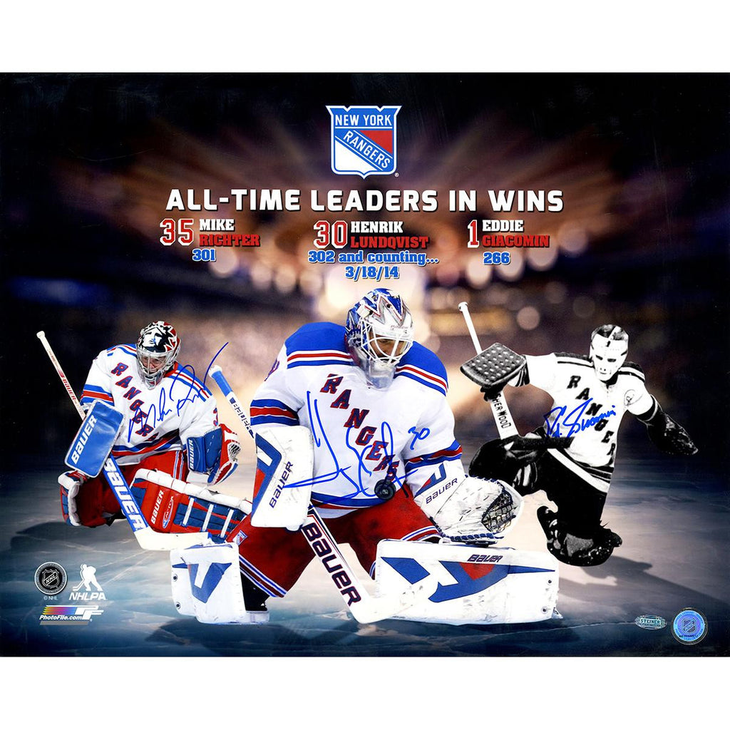 Mike RichterHenrik LundqvistEddie Giacomin Triple Signed Rangers All Time Wins Leaders 16x20 Collage Photo