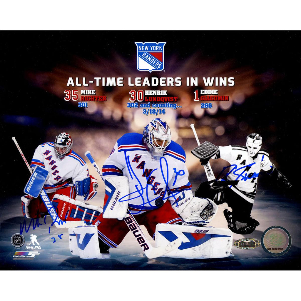 Mike RichterHenrik LundqvistEddie Giacomin Triple Signed Rangers All Time Wins Leaders 8x10 Collage Photo