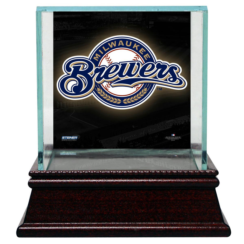 Milwaukee Brewers Glass Single Baseball Case with Team Logo Background