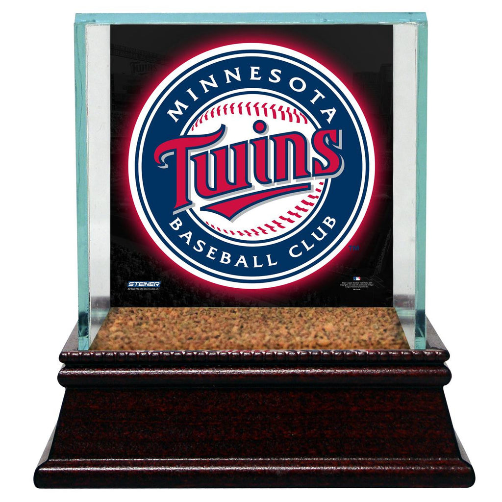 Minnesota Twins Glass Single Baseball Case with Team Logo Background and Authentic Field Dirt Base (MLB Auth)