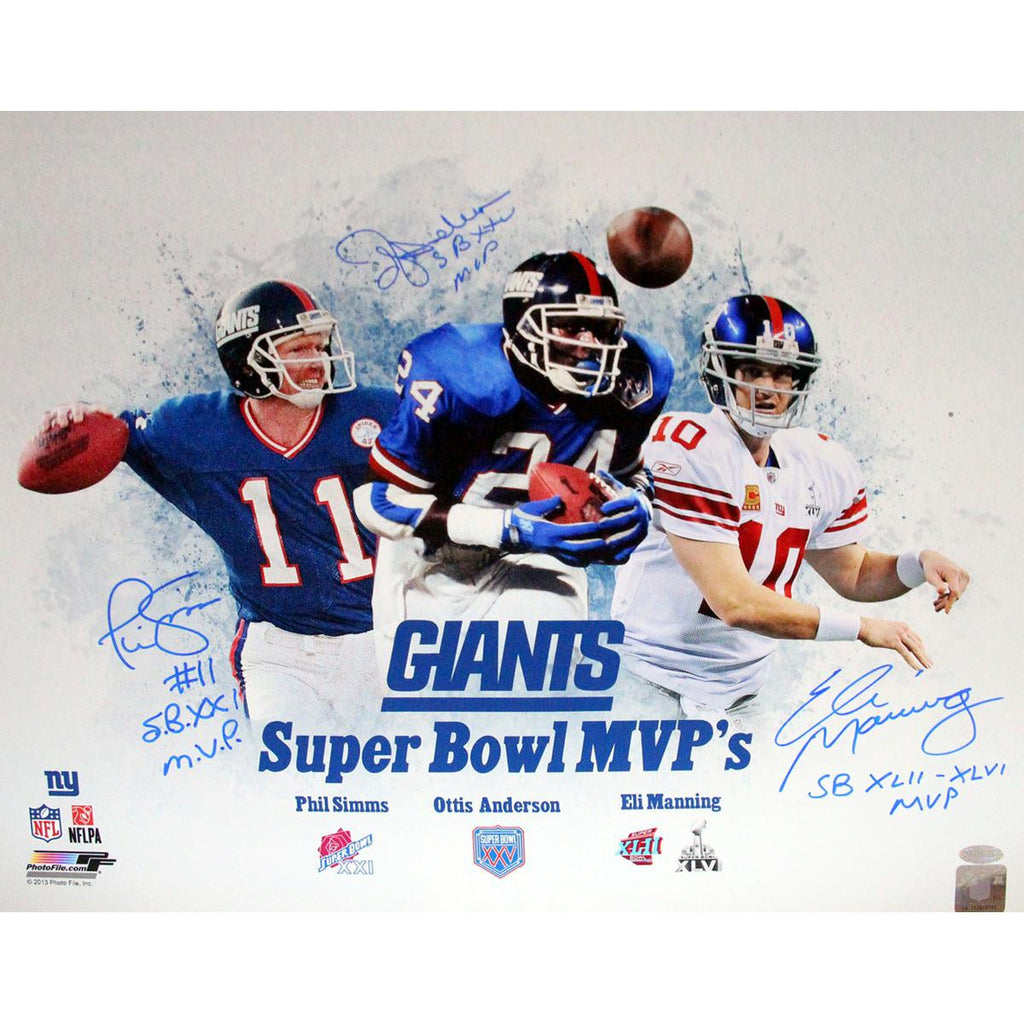 New York Giants SB MVP 16x20 Unframe Collage Signed (Eli Manning Phil Simms OJ Anderson) w SB MVPes Insc.