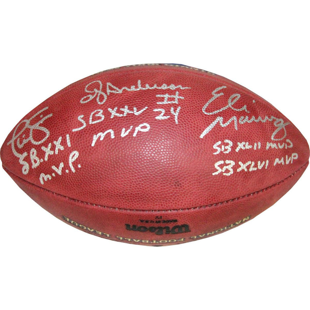 New York Giants Super Bowl MVPes Signed New York Giants 4x Champs Football (Eli Manning Phil Simms OJ Anderson) w SB MVPes Insc.