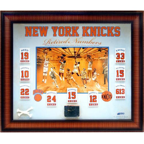 New York Knicks Floating Retired Numbers Banners Framed 20x24 Collage w Game Used MSG Court & Net