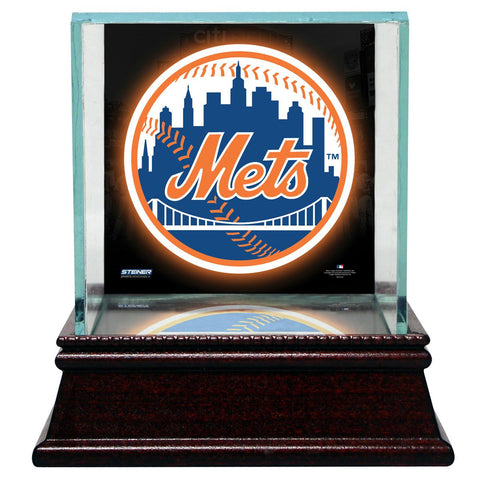 New York Mets Glass Single Baseball Case with Team Logo Background