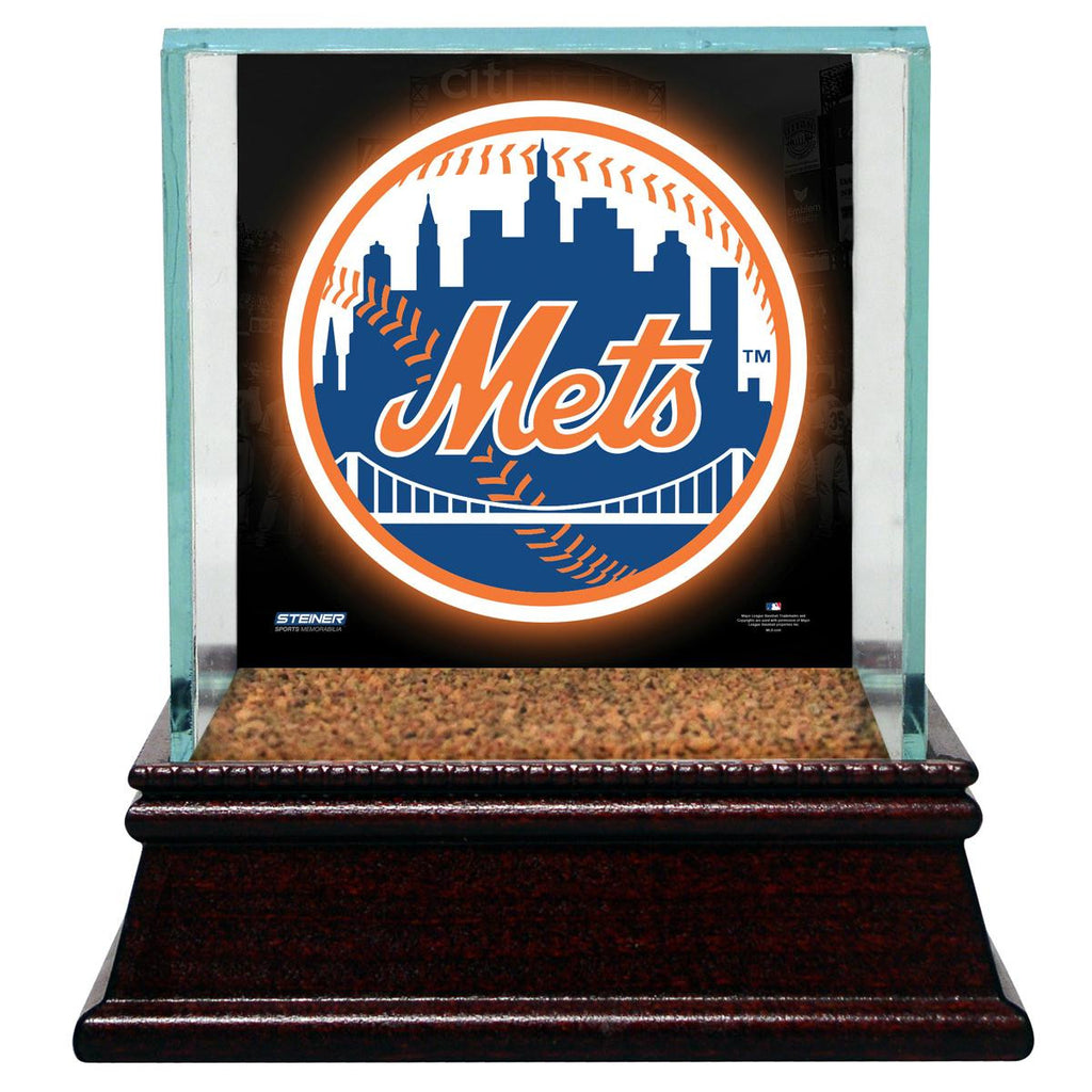 New York Mets Glass Single Baseball Case with Team Logo Background and Authentic Field Dirt Base