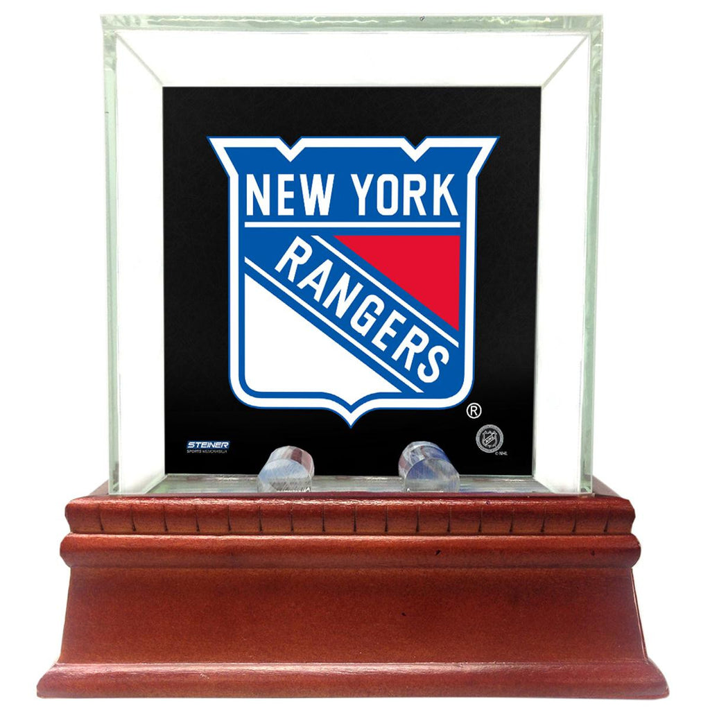 New York Rangers Glass Single Puck Case with Team Logo Background