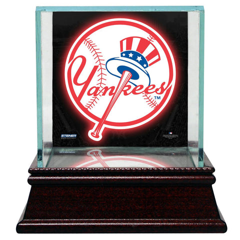 New York Yankees Glass Single Baseball Case with Team Logo Background