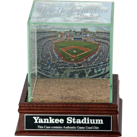 New York Yankees Stadium Background Glass Single Baseball w Yankee Stadium Authentic Dirt & Nameplate