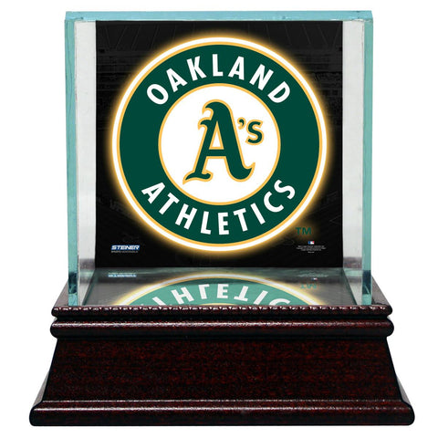 Oakland Athletics Glass Single Baseball Case with Team Logo Background