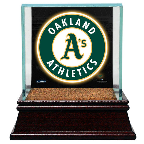 Oakland Athletics Glass Single Baseball Case with Team Logo Background and Authentic Field Dirt Base (MLB Auth)