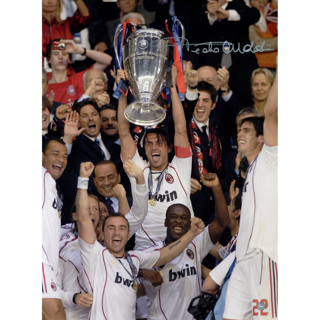 Paolo Maldini Signed AC Milan Team 12x16 Photo: Lifting the UEFA Champions League (Icons Auth & Third Party Holo)