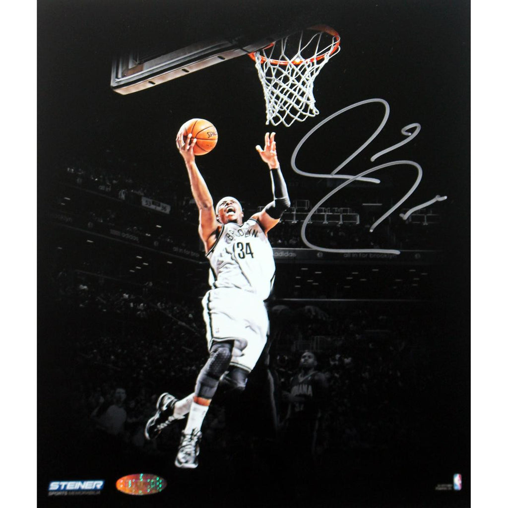 Paul Pierce Signed Brooklyn Nets Jumping Toward Basket Dark Background 16x20 Photo