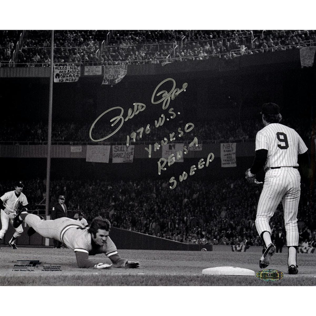 Pete Rose Signed Head First Slide Vs. Yankees 8x10 BW Photo w 1976 WS YANKS 0 REDS 4 SWEEP Insc