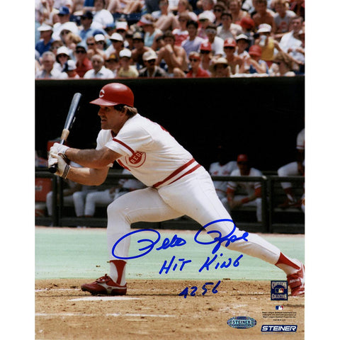 Pete Rose Signed Swinging 8x10 Photo w Hit King 4256 Insc