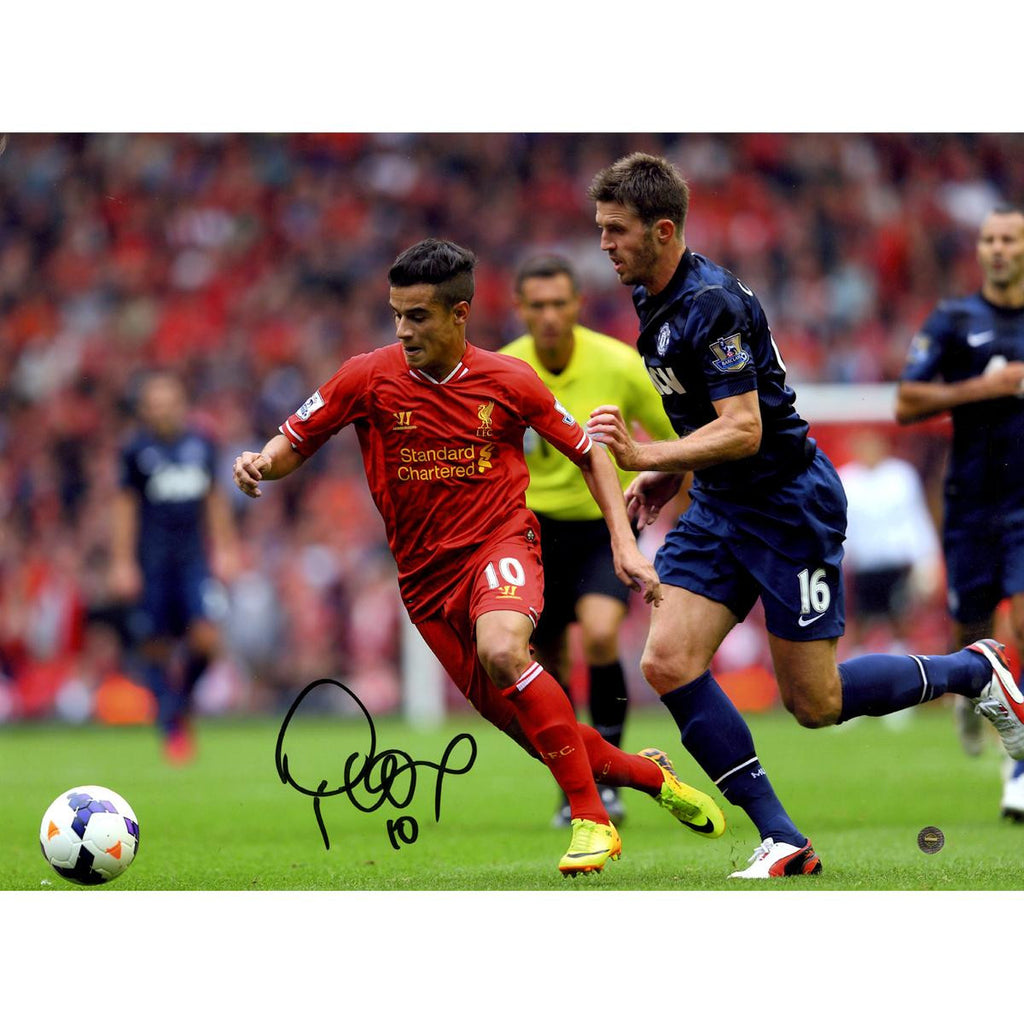 Philippe Coutinho In Action Signed Liverpool Photo vs Manchester United 12x16 Photo (Icons Auth & Third Party Holo)