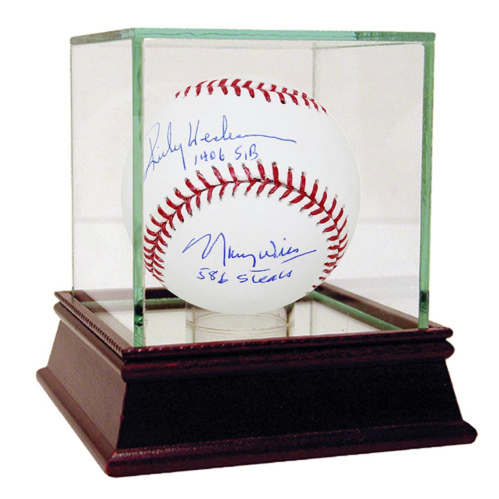 Rickey HendersonMaury Wills Signed MLB Baseball w SB inscriptions