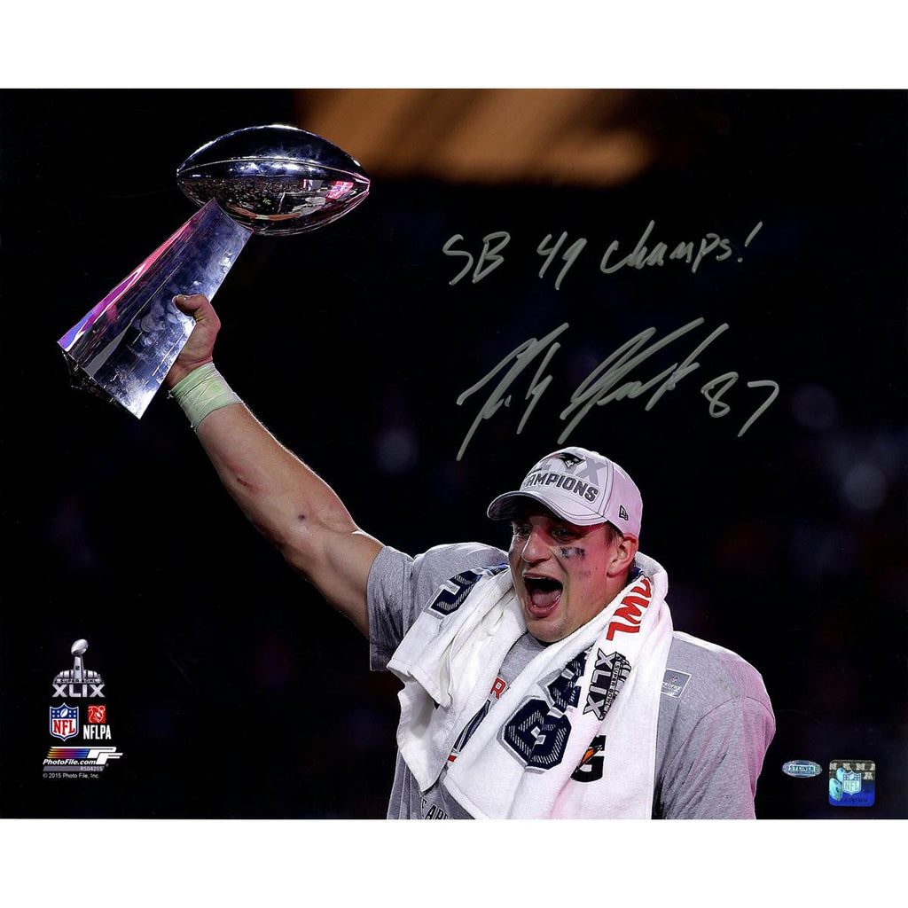 Rob Gronkowski Signed Action 2015 SB 49 16x20 Photo with Superbowl Trophy wSB 49 ChampsInsc.