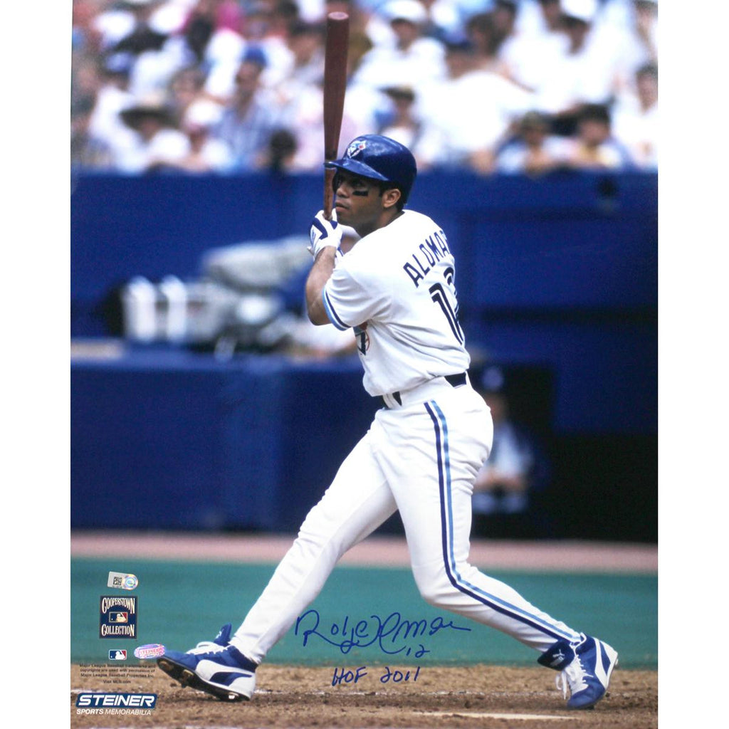 Roberto Alomar Blue Jays white Jersey Swing Vertical 16X20 Photo w HOF Insc. (MLB Auth)