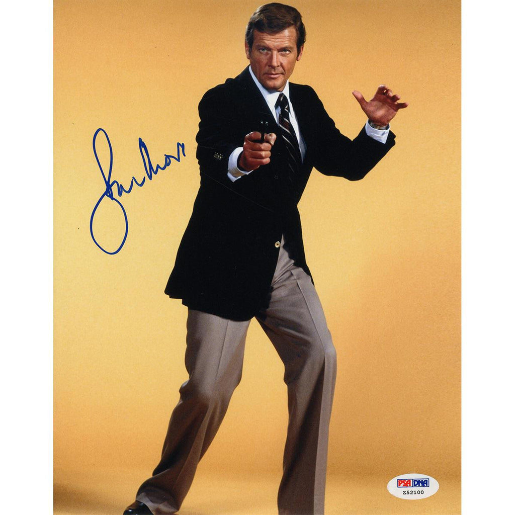 Roger Moore Signed James Bond Posing w Yellow Backround 8x10 Photo (PSADNA)