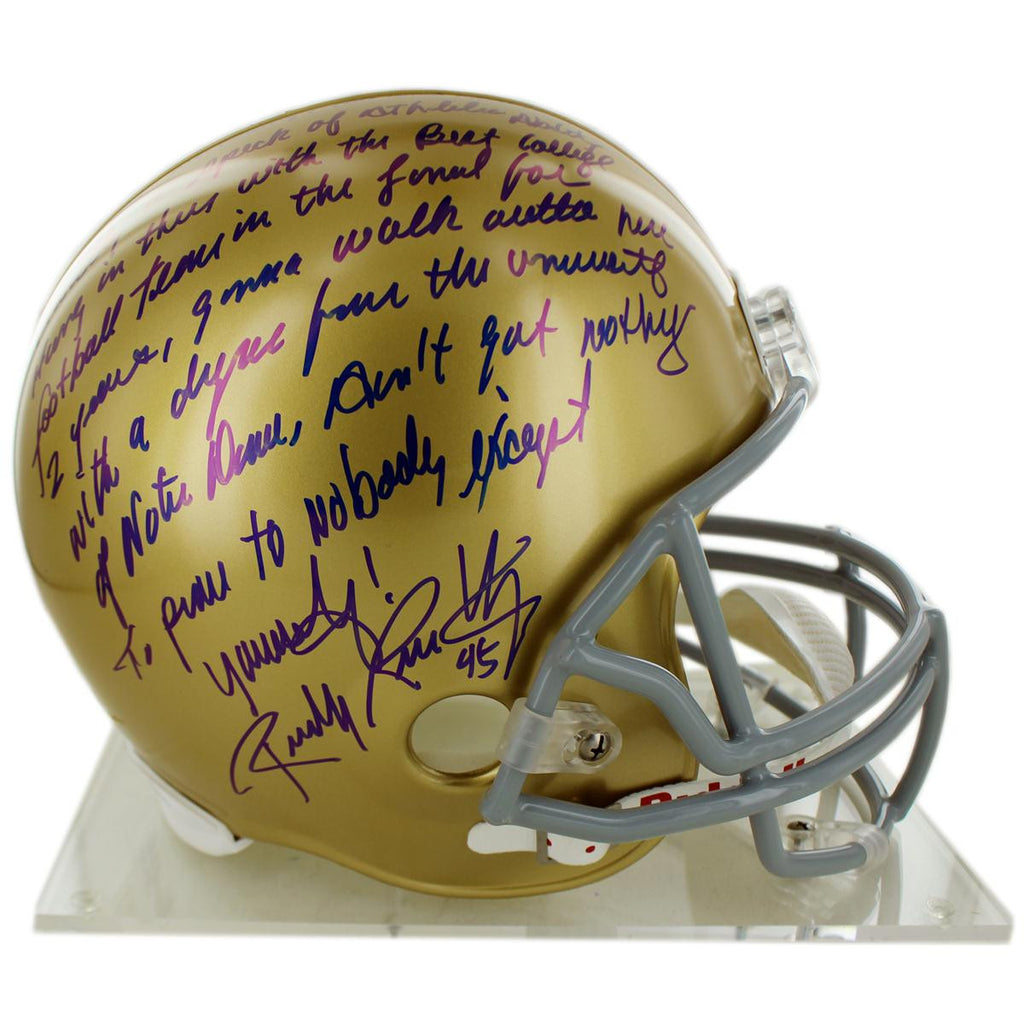 Rudy Ruettiger Signed Replica Notre Dame Full Size Helmet w Five Foot Nothinge quote (Signed in Blue)