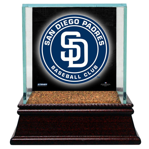 San Diego Padres Glass Single Baseball Case with Team Logo Background and Authentic Field Dirt Base (MLB Auth)