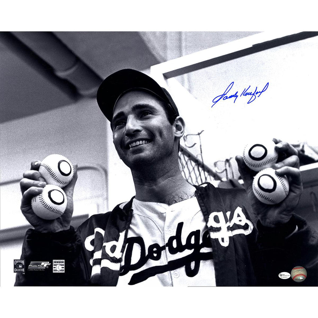 Sandy Koufax Signed Holding Up Baseballs 16x20 Photo (Online Auth)