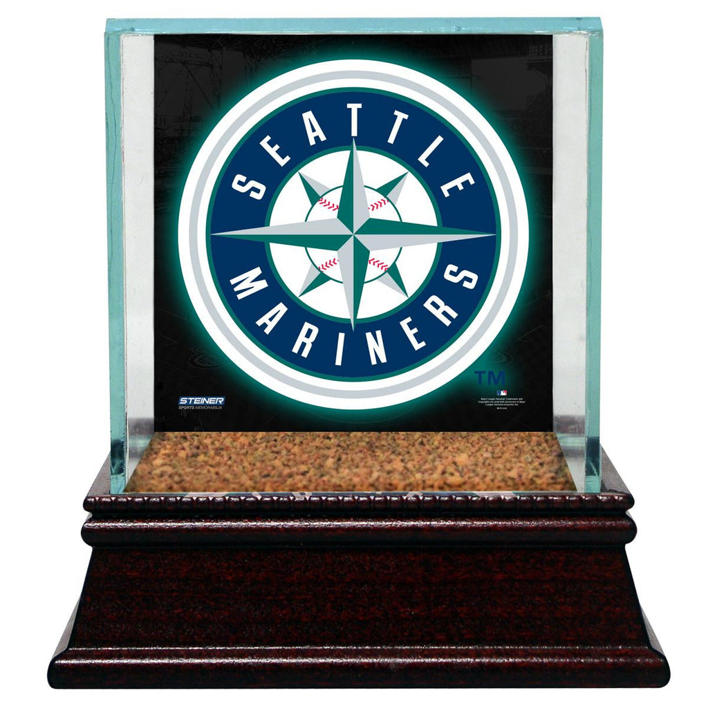 Seattle Mariners Glass Single Baseball Case with Team Logo Background and Authentic Field Dirt Base (MLB Auth)