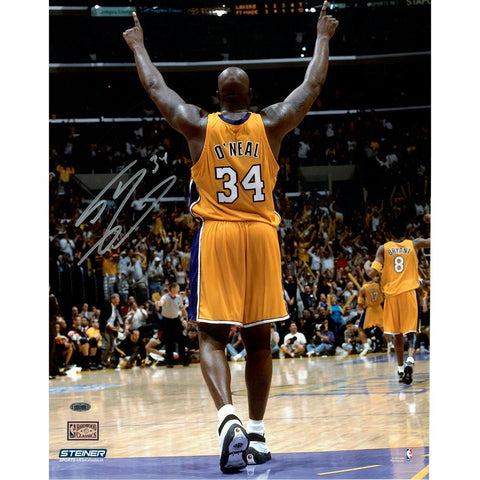 Shaquille ONeal Signed Arms Up in Gold Uniform 16x20 (Signed in Silver)