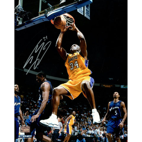 Shaquille ONeal signed Lakers two handed dunk in Gold 16x20 Photo