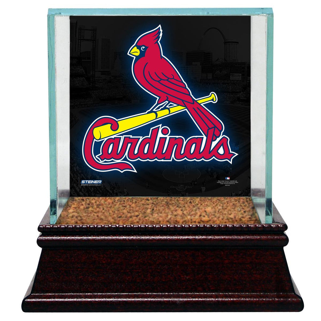 St. Louis Cardinals Glass Single Baseball Case with Team Logo Background and Authentic Field Dirt Base (MLB Auth)