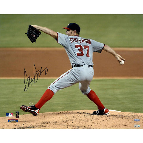 Stephen Strasburg Signed Horizontal Pitching w Grey Jersey 16x20 Photo (MLB Auth)