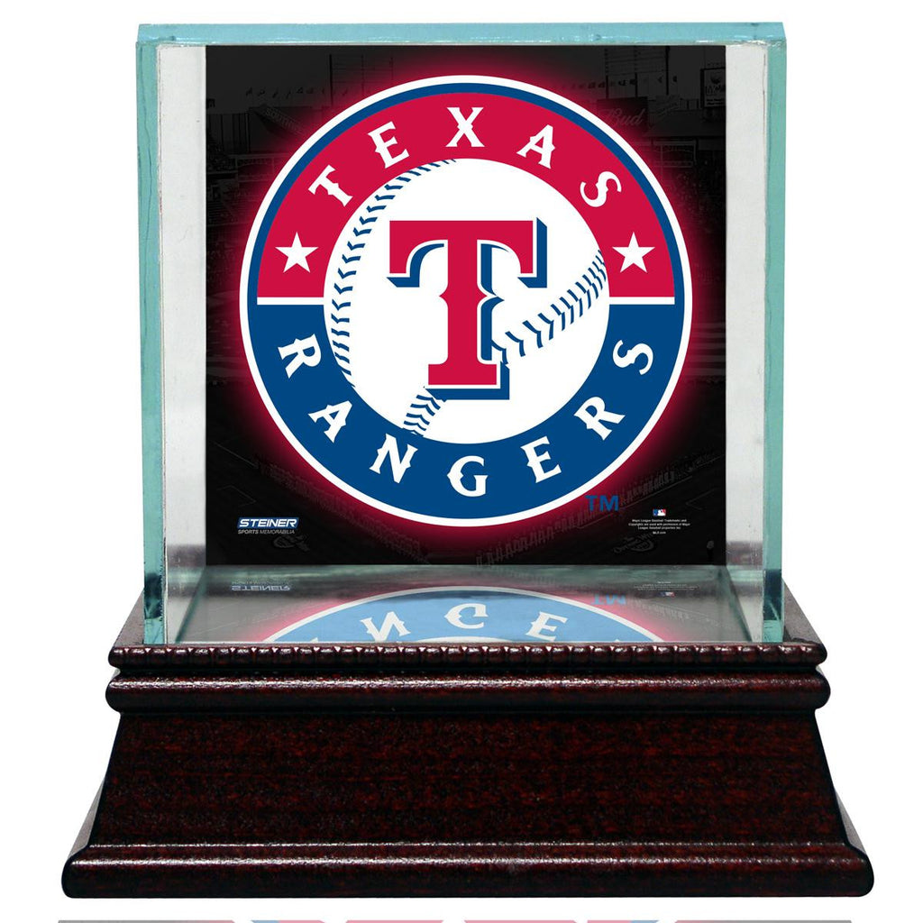 Texas Rangers Glass Single Baseball Case with Team Logo Background