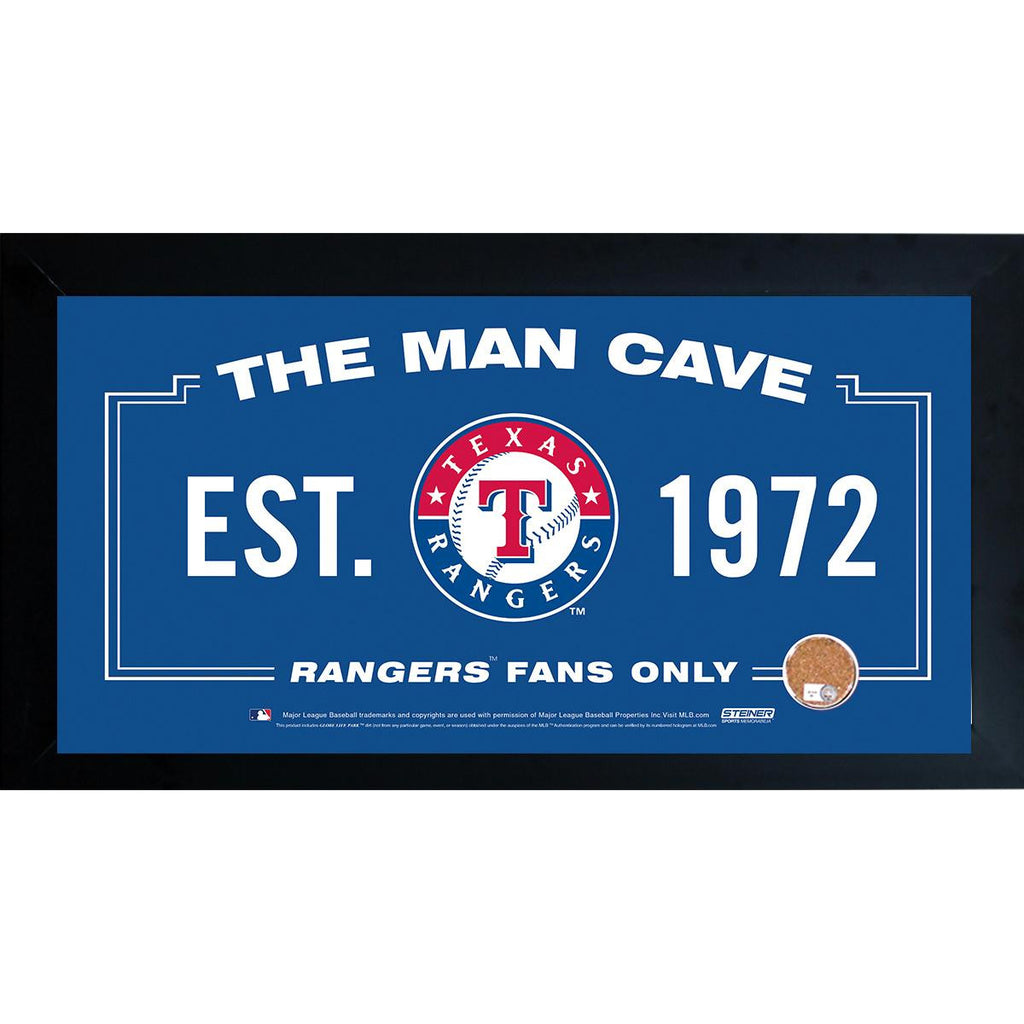 Texas Rangers Man Cave Framed 10x20 Sign w Authentic Game-Used Dirt Capsule (MLB Auth)