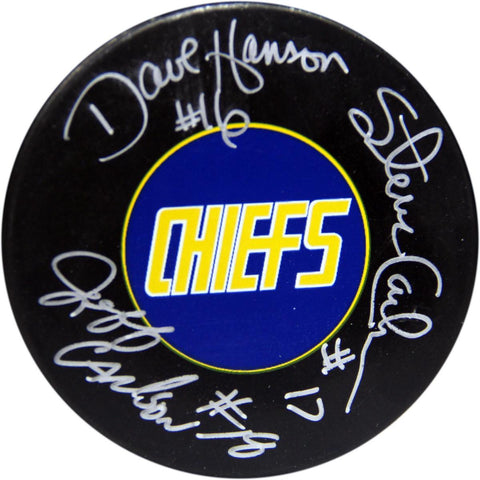 The Hanson Brothers Triple Signed Charleston Chiefs Hockey Puck (AJ Sports Auth)