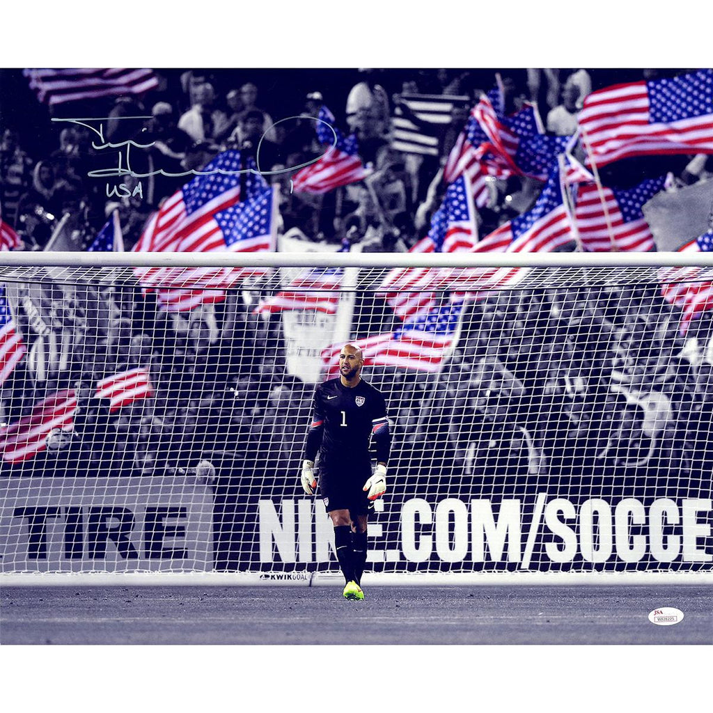 Tim Howard Signed in Goal with American Flags in the Crowd 16x20 Photo w USA Insc. (JSA)