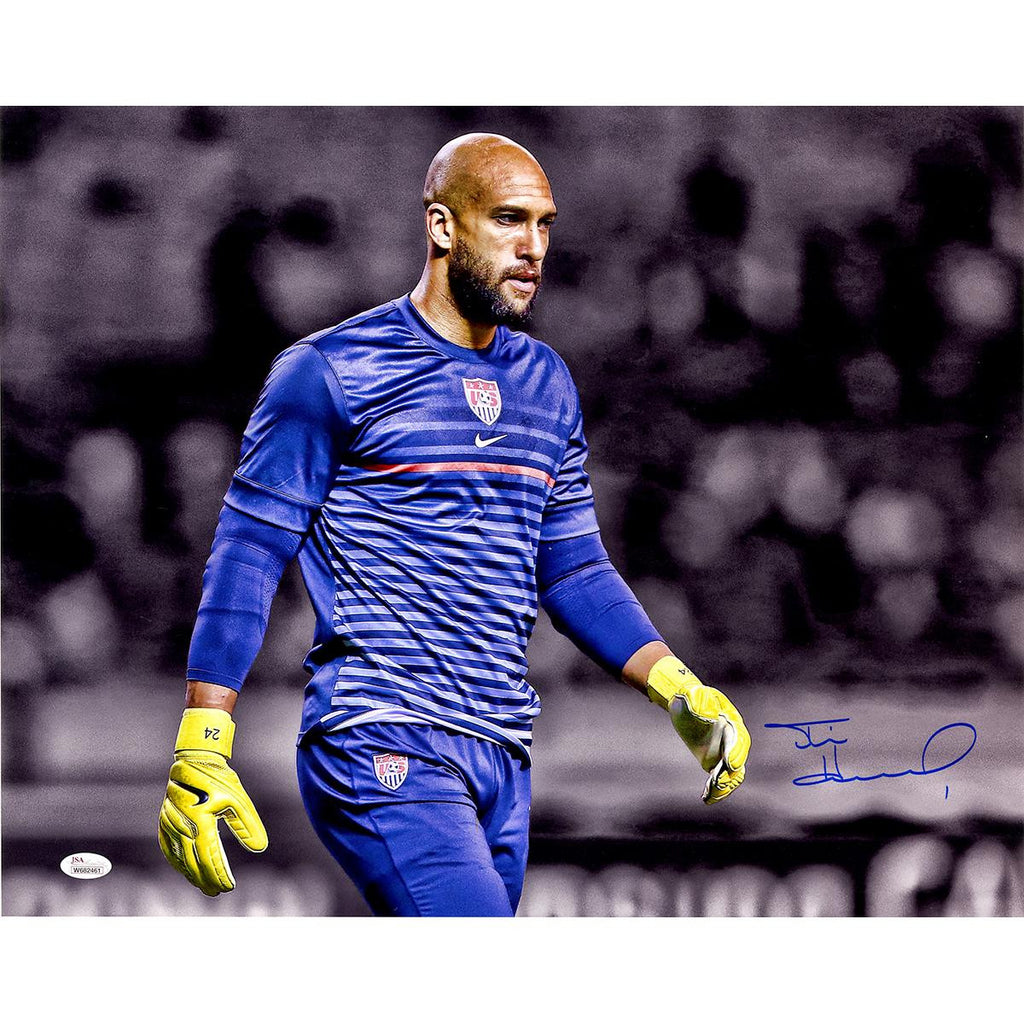 Tim Howard Signed USA Blue Jersey Horizontal 16x20 Photo (JSA )