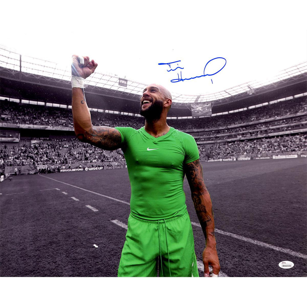 Tim Howard Signed USA Green Jersey Pump Fist with Black Background 16x20 Photo (JSA Auth)