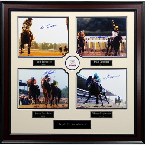 Triple Crown Winning Jockeys 4 Photo Autographed and Framed Collage -24x24 Cherry (Victor Espinoza Jean Cruguet Steve Cauthen Ro