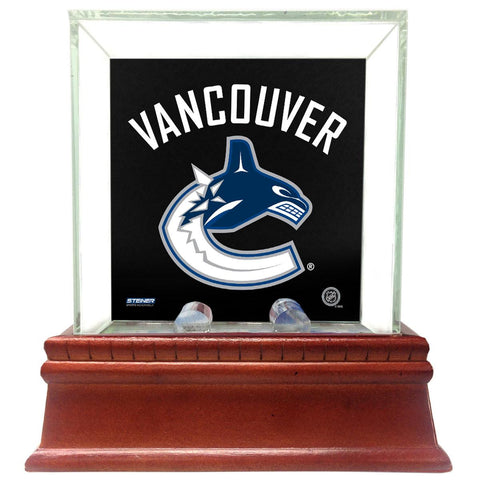 Vancouver Canucks Glass Single Puck Case with Team Logo Background