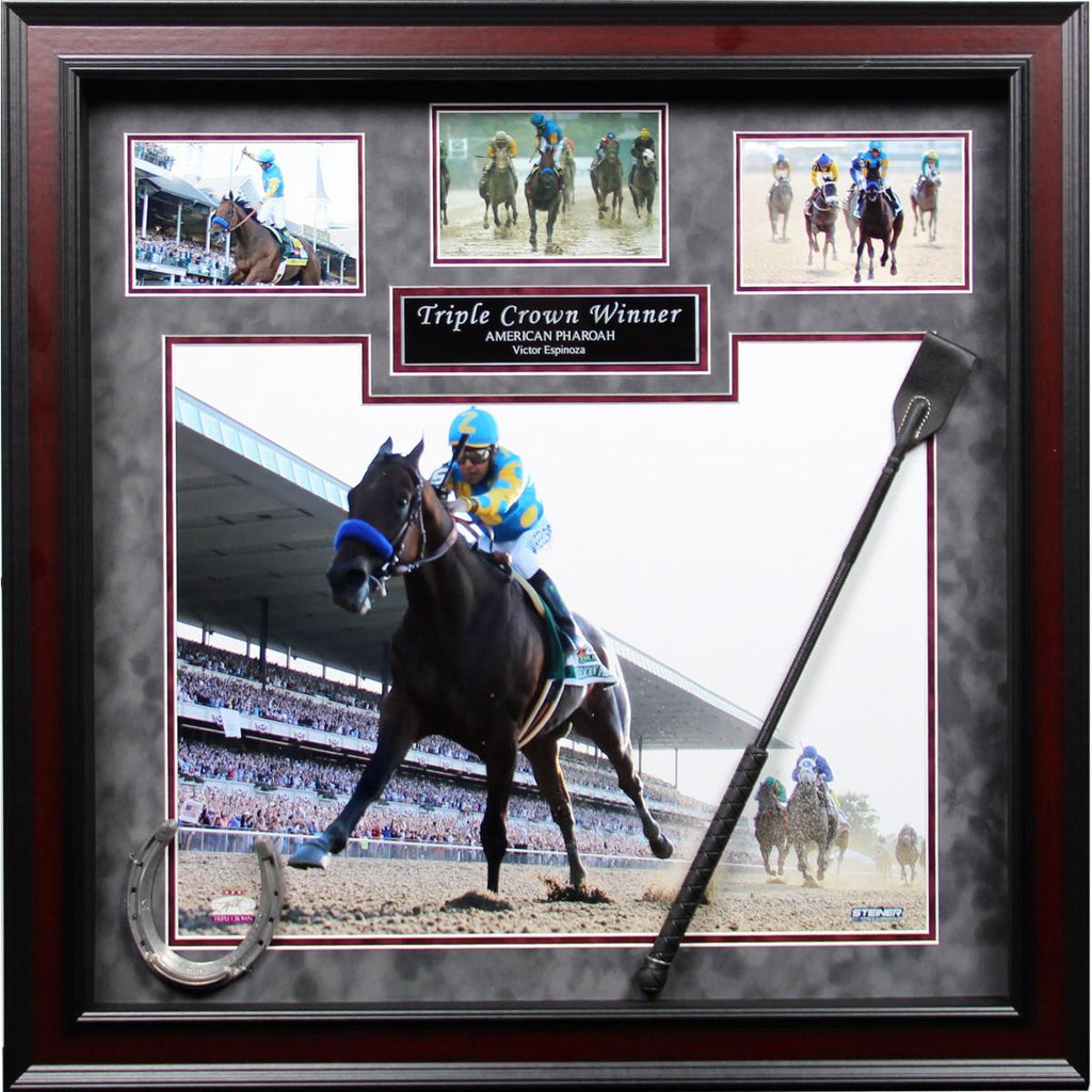 Victor Espinoza & American Pharoah Triple Crown Winner 24x24 Framed Collage w Whip & Shoe (4 Photos) (24x24 97WM)