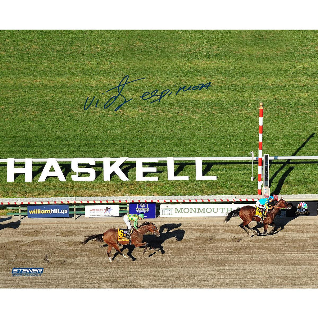 Victor Espinoza Signed 2015 Haskell Invitational Overhead Finish Line 8x10 Photo