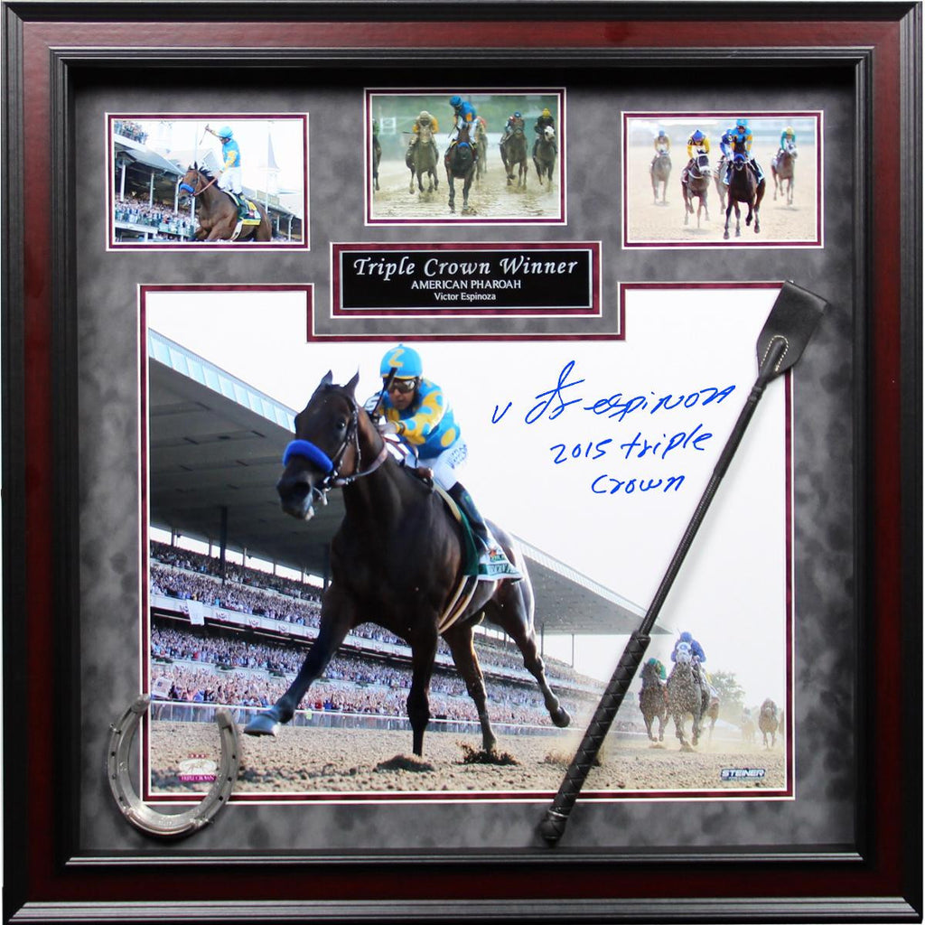 Victor Espinoza Signed American Pharoah Triple Crown Winner 24x24 Framed Collage w Whip & Shoe and 2015 Triple Crown Insc. (4 Ph